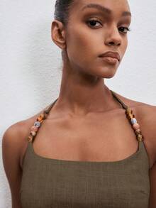 ATUI Studio Women's Solid Color Fitted Beaded Halter Top, Summer,Summer Top - Brown - View 3