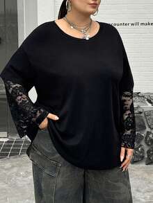SHEIN CURVE+ 2026 Spring/Summer Plus Size Women's Round Neck Contrast Lace Long Sleeve T-Shirt, Suitable For Outings, Back To School, Street Style, Y2K Fashion - Black - View 4