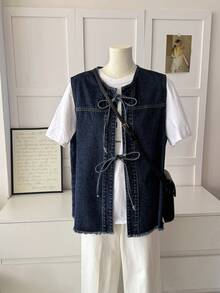 Dazy Plus Áo vest denim không tay màu xanh nhạt có thắt nơ - Rửa tối - Xem 3