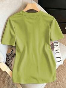 Franclia Camiseta de manga corta negra elegante francesa para mujer en verano - Cuello redondo con perlas incrustadas y abertura lateral, elegante top de ajuste ceñido y estilizador de figura de nicho - Verde - Ver 2