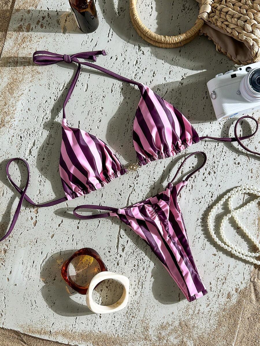 Swim Mod Women's Random Print Necklace Metal Jewelry Bikini Set, Spring/Summer Elegant - Multicolor - View 1