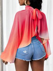 BamGleam Áo sơ mi nữ tay ngắn cổ đứng nhuộm tie-dye, kiểu dáng thường ngày, đa năng. - Đỏ - Xem 2