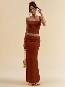 SHEIN BAE Women's Summer Lace Patchwork Camisole Top And Mini Skirt Casual Sexy 2 Pieces Set Vacation Rust Brown - Rust Brown - View 3