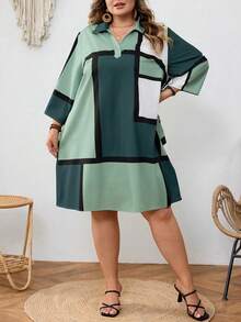 SHEIN CURVE+ 大码女式撞色长袖宽松休闲连衣裙 - 彩色 - 查看 6