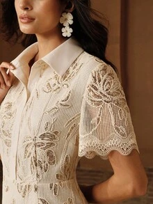 Anewsta Summer Sequin Textured Short Sleeve Half-Placket Dress, Suitable For Vacation, Daily Gatherings - Apricot - View 2