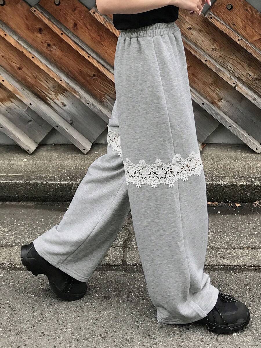 女士弹力腰带蕾丝拼接休闲百搭日常裤 - 灰色 - 查看 1