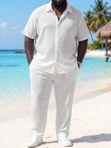 ResortEase Men's Plus Size Solid Color Simple Daily Two-Piece Outfit, Plain Casual Set, Going Out - White - View 1