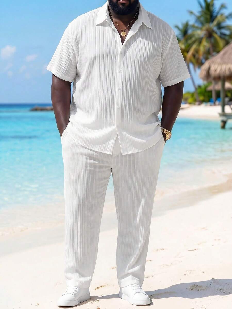 ResortEase Men's Plus Size Solid Color Simple Daily Two-Piece Outfit, Plain Casual Set, Going Out - White - View 1