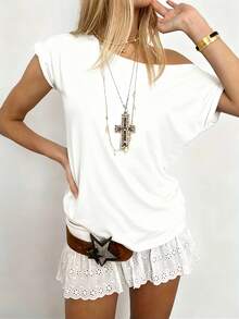 INAWLY 大尺碼女款不對稱肩休閒上衣，白色，夏季，絲滑，休閒正式，日常T恤，優雅約會，攝影街頭風 - 白色 - 查看 4