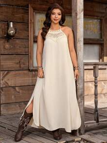 Nubod Elegant Lace Patchwork A-Line Loose Dress With Neck Tie, Suitable For Daily Wear, Party Gym, Commute, Shopping, Vacation Brown Summer - Apricot - View 6
