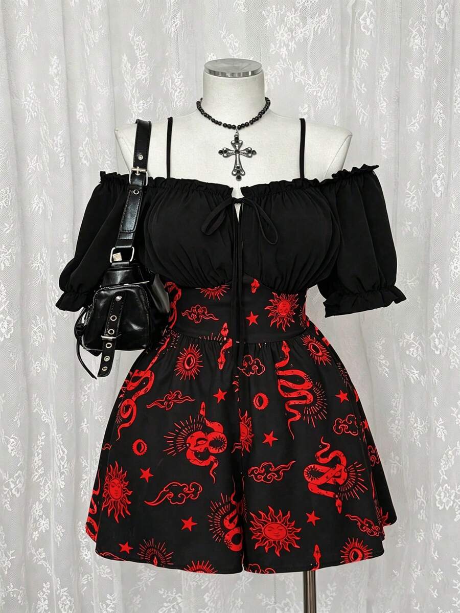Sunspun Plus Size Dark Gothic Style Off Shoulder Snake & Sun Print Patchwork Dress - Multicolor - View 1