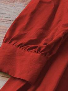 SHEIN LUNE CURVE Đầm dài tay cổ tròn dáng rộng thanh lịch, thoải mái, xếp ly eo, bán chạy nhất dành cho nữ cỡ lớn, thiết kế cài cúc đơn bằng vải lanh, phù hợp cho đi chơi hàng ngày, dự tiệc và mặc ở nhà. - trái cam - Xem 3