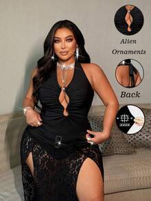 NU&NOW Plus Size Women's Black Summer Halter Camisole Top, Girlism Night Out Rave Club Outfits, High Stretch Asymmetric Decorative Buckle Sleeveless Cami - Black - View 1