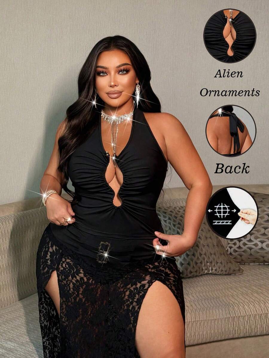 NU&NOW Plus Size Women's Black Summer Halter Camisole Top, Girlism Night Out Rave Club Outfits, High Stretch Asymmetric Decorative Buckle Sleeveless Cami - Black - View 1