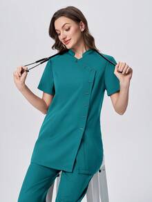 Scrubzie 防皱立领短袖多扣女式手术服套装（上衣和裤子） - 綠色 - 查看 2