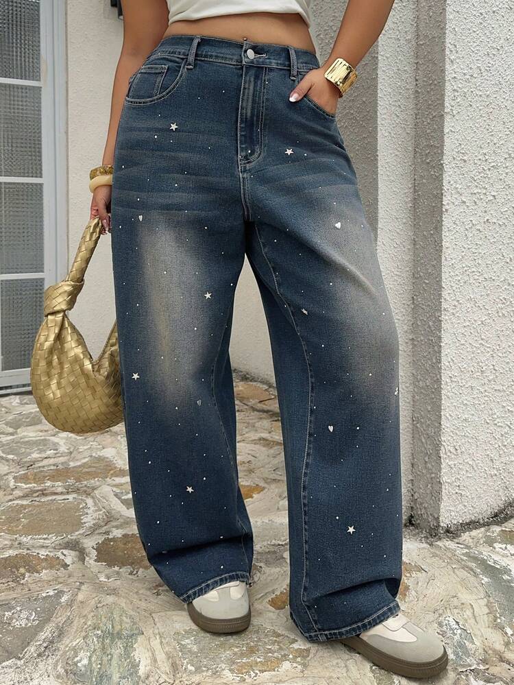 Dazy Plus Vintage Dark Wash Loose Straight Leg Long Plus Size Women Jeans, Spring & Autumn