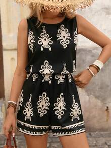 Brillora Bộ áo liền quần nữ in họa tiết Bohemian, kiểu dáng thường ngày, thích hợp cho kỳ nghỉ biển. - màu đen - Xem 11