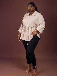 CurvyTilda Plus Size Women's Apricot Tie-Waist Loose Commuter Casual Shirt, Suitable For Daily Outings, For Hourglass Body Shape - Apricot - View 3