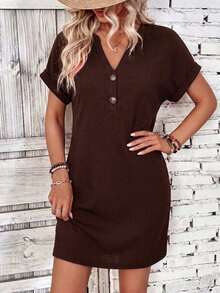 EMERY ROSE Women's Solid Color V-Neck Casual Party Mini Dress - Coffee Brown - View 3