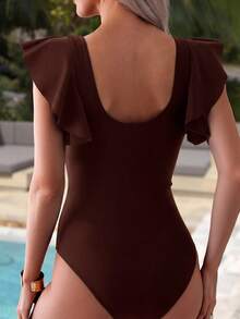 Swim Basics Women's Summer Beach Casual Vacation Outfit, Ruffled Sleeve, Criss-Cross Front, Coffee Color Solid Mesh Splice Sexy One-Piece Swimsuit - Brown - View 2