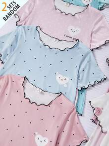 Camisón informal de punto con estampado de corazón y volante en el bajo para niñas, verano aleatorio - Multicolor - Ver 3