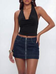 Avantive 女士极简设计系带修身牛仔裙 - 深色水洗藍 - 查看 3