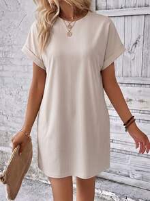 EMERY ROSE Round Neck Short Sleeve Cuffed Striped Loose Casual Dress, Summer - Multicolor - View 4