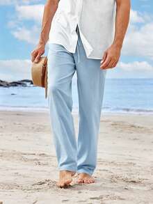 Manfinity Dauomo Men's Light Blue Casual Loose Fit Pants,Solid Color Drawstring Waist Pocket Relaxed Pants For Autumn Beach Holiday Summer Vacation Cruise Resort Wear - Blue - View 1