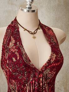 SHEIN ICON Đầm cổ yếm họa tiết paisley đỏ dành cho nữ cỡ lớn, thích hợp cho kỳ nghỉ. - Nhiều màu - Xem 4