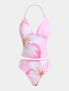 Bộ bikini hai mảnh họa tiết hoa màu hồng dành cho thiếu nữ, thích hợp cho kỳ nghỉ biển, mùa xuân/hè. - Hồng - Xem 1