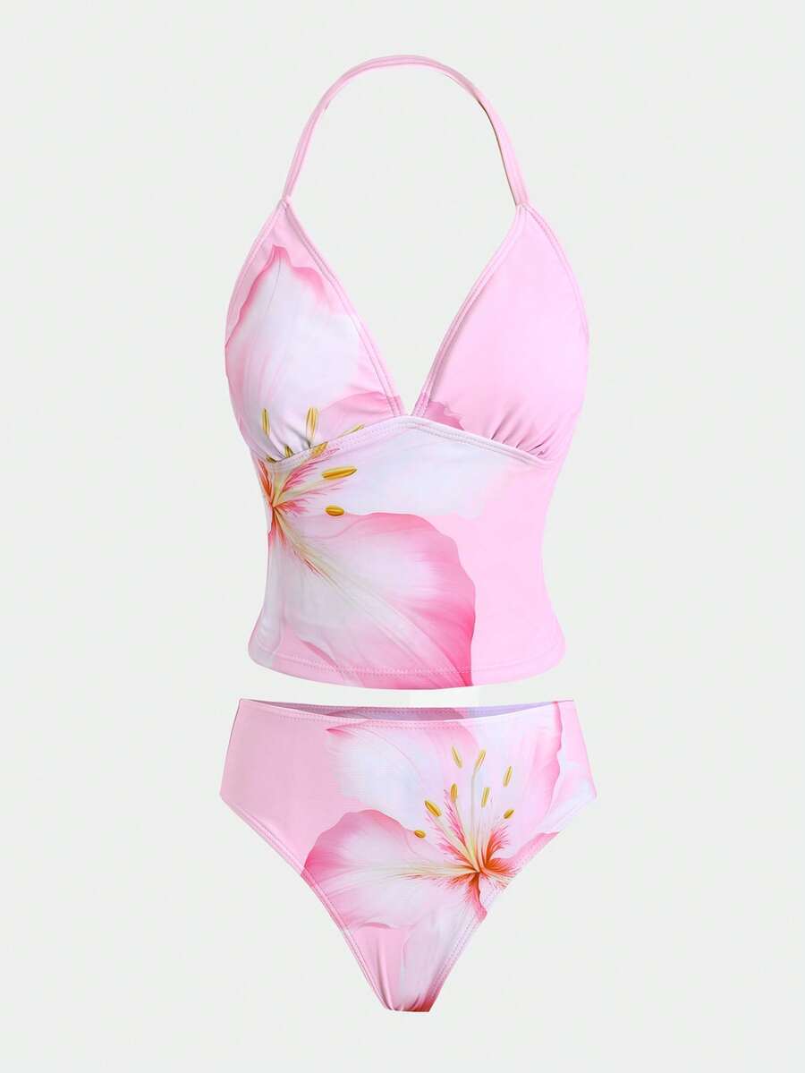 Bộ bikini hai mảnh họa tiết hoa màu hồng dành cho thiếu nữ, thích hợp cho kỳ nghỉ biển, mùa xuân/hè. - Hồng - Xem 1