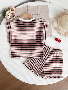 SHEIN 女童休闲条纹短袖T恤套装 - 粉色 - 查看 2