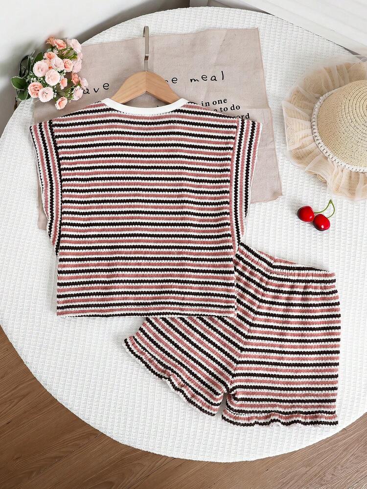 SHEIN 女童休闲条纹短袖T恤套装 - 粉色 - 查看 2