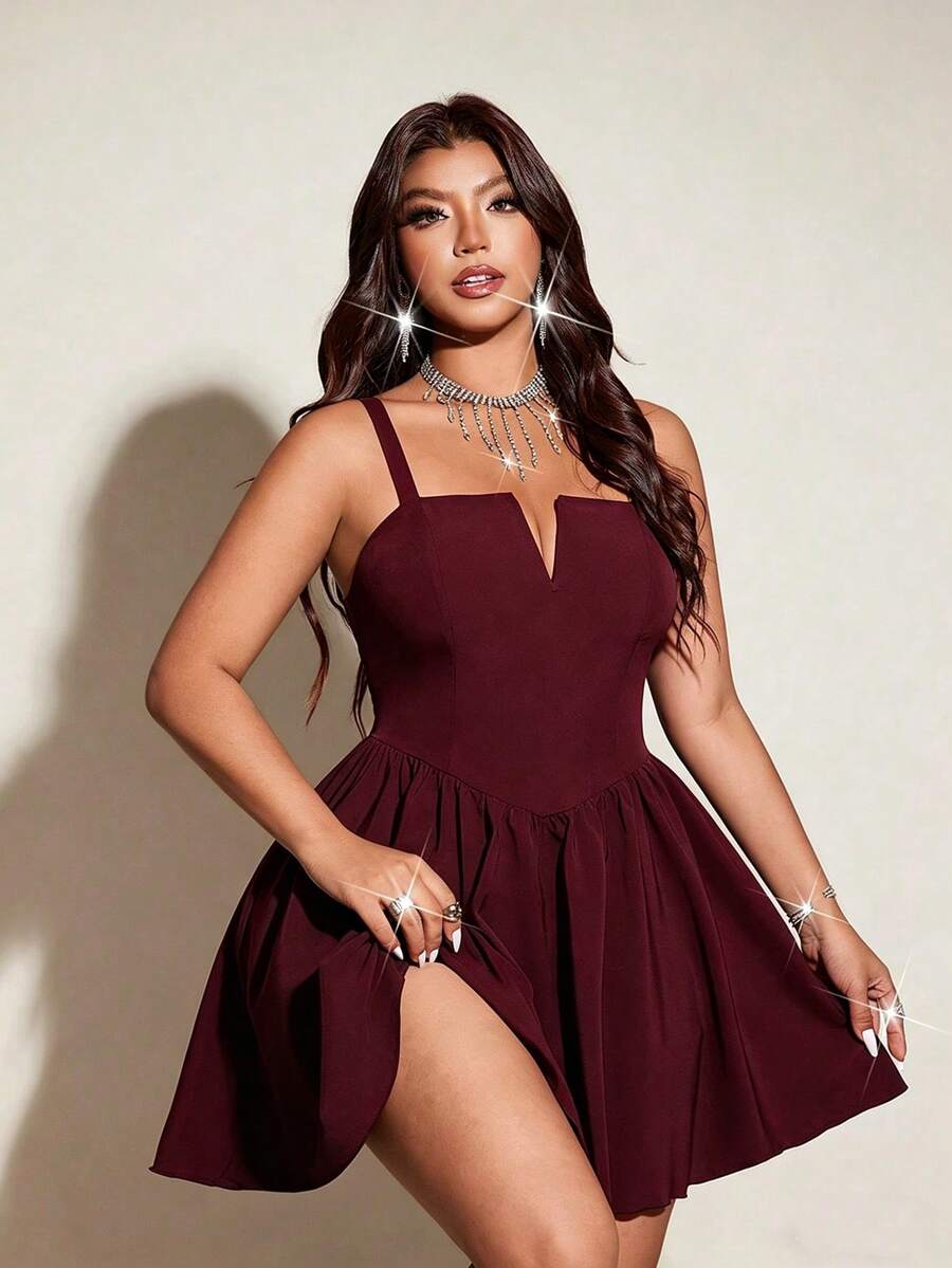 SHEIN Galaire Đầm cocktail nhẹ, thanh lịch, cỡ lớn dành cho nữ, kiểu dây mảnh, thích hợp dự tiệc. - Màu Đỏ Sâu - Xem 1