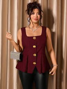 Cravure Áo vest nữ cỡ lớn thanh lịch, cổ bẻ, ôm dáng, không tay với thiết kế cúc kim loại, kiểu dáng tôn dáng, phù hợp cho đi làm hàng ngày, đi chơi, họp mặt và chụp ảnh. - Đỏ - Xem 3