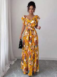 Elenzga Halloween V-Neck Digital Print Vacation Style Ruffle Waist A-Line Elegant Romantic Women Dress - Multicolor - View 6