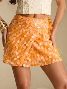 Glamine Chân váy ngắn đính sequin đa năng dành cho nữ, màu cam rực rỡ, phù hợp cho đi biển, hẹn hò, trang phục đầu xuân. - trái cam - Xem 3