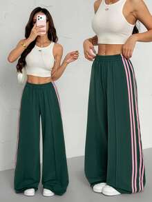 SHEIN PETITE Women's Elastic Waist Side Striped Wide Leg Loose Casual Sweatpants, Suitable For Spring And Summer, Back To School Season - Green - View 1