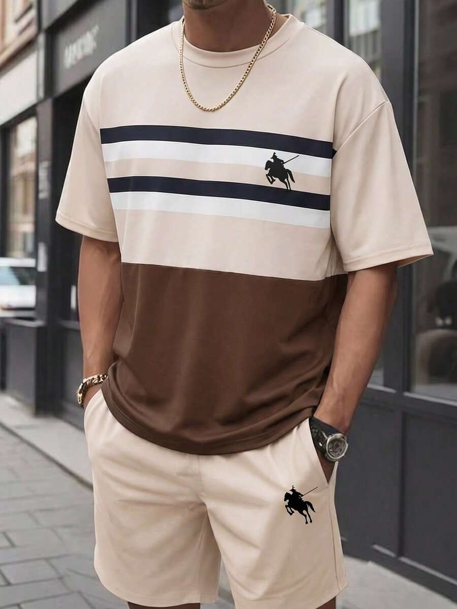 SHEIN 2件套青少年男童时尚休闲条纹印花短袖T恤和简约运动跑步短裤,适合多个季节穿着 - 彩色 - 查看 1