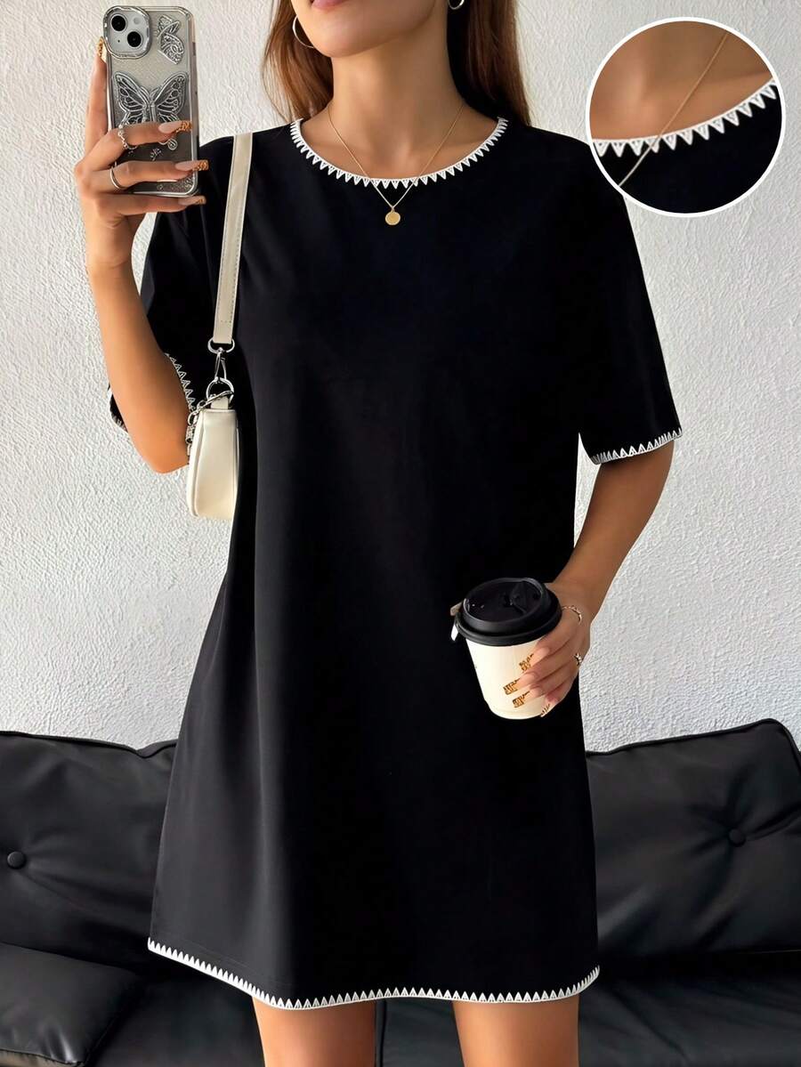 SHEIN EZwear Vestido corto casual y suelto de cuello redondo y manga corta, adecuado para el verano - Negro - Ver 1