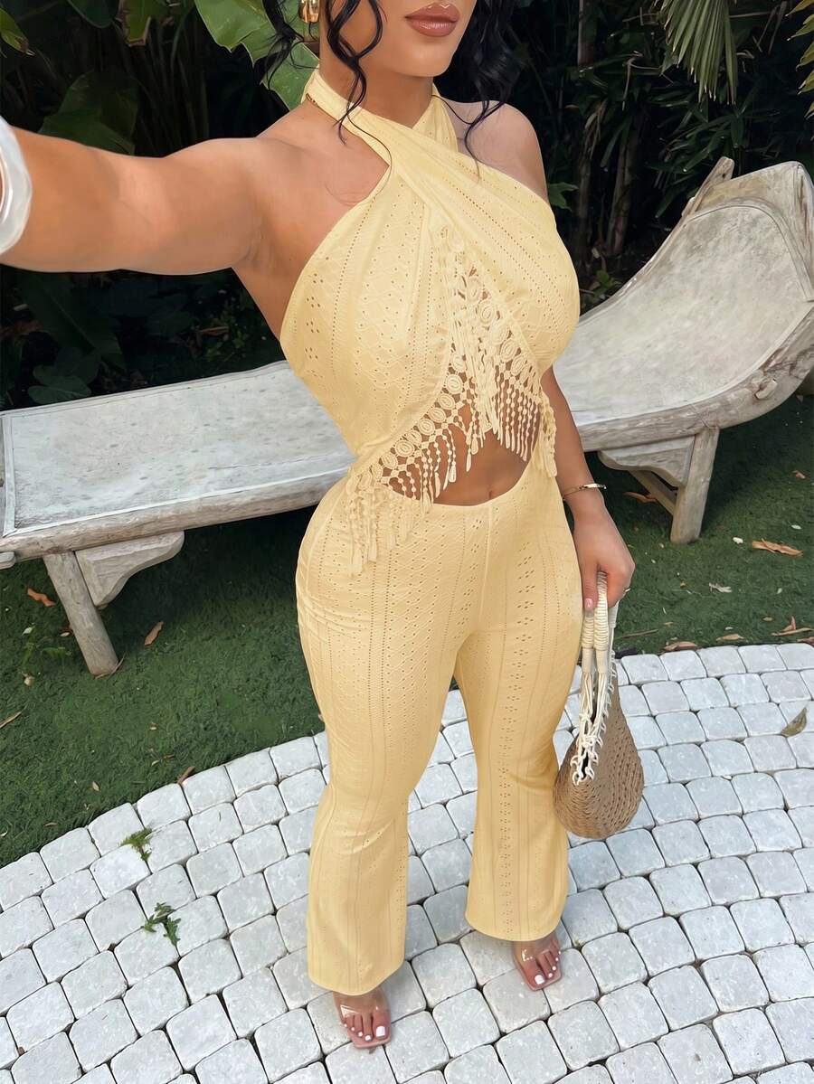 SHEIN SXY 夏季修身纹理流苏纯色露背吊带连体裤 - 黃色 - 查看 1