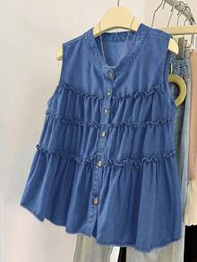 EMERY ROSE EMERY ROSE Plus Size Women Summer Casual Vacation Frill Trim Sleeveless Denim Blouse - Medium Wash - View 1