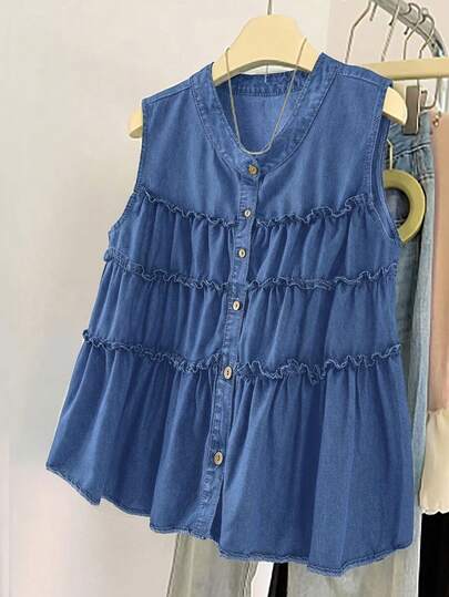 EMERY ROSE Mature Denim プラスサイズ レディース サマー カジュアル バケーション フリルトリム ノースリーブ デニムブラウス