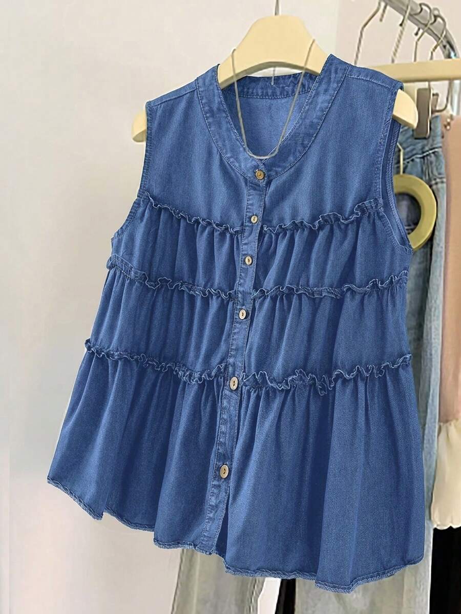 EMERY ROSE EMERY ROSE Plus Size Women Summer Casual Vacation Frill Trim Sleeveless Denim Blouse - Medium Wash - View 1
