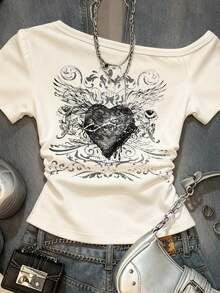 T-shirt court moulant à manches courtes avec imprimé cœur aile sombre, style asymétrique à l'épaule, polyvalent, décontracté, pour adolescentes en été - Blanc - Voir 3