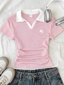 SHEIN Tween Girl/Tween Girls' Colorblock Knit Turtleneck Fitted T-Shirt With Small Logo Embroidery - Pink - View 3