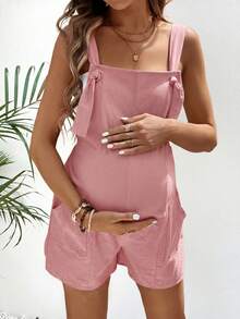 SHEIN Maternity Summer Minimalist Solid Color Double Pocket Backless Jumpsuit - Pink - View 4