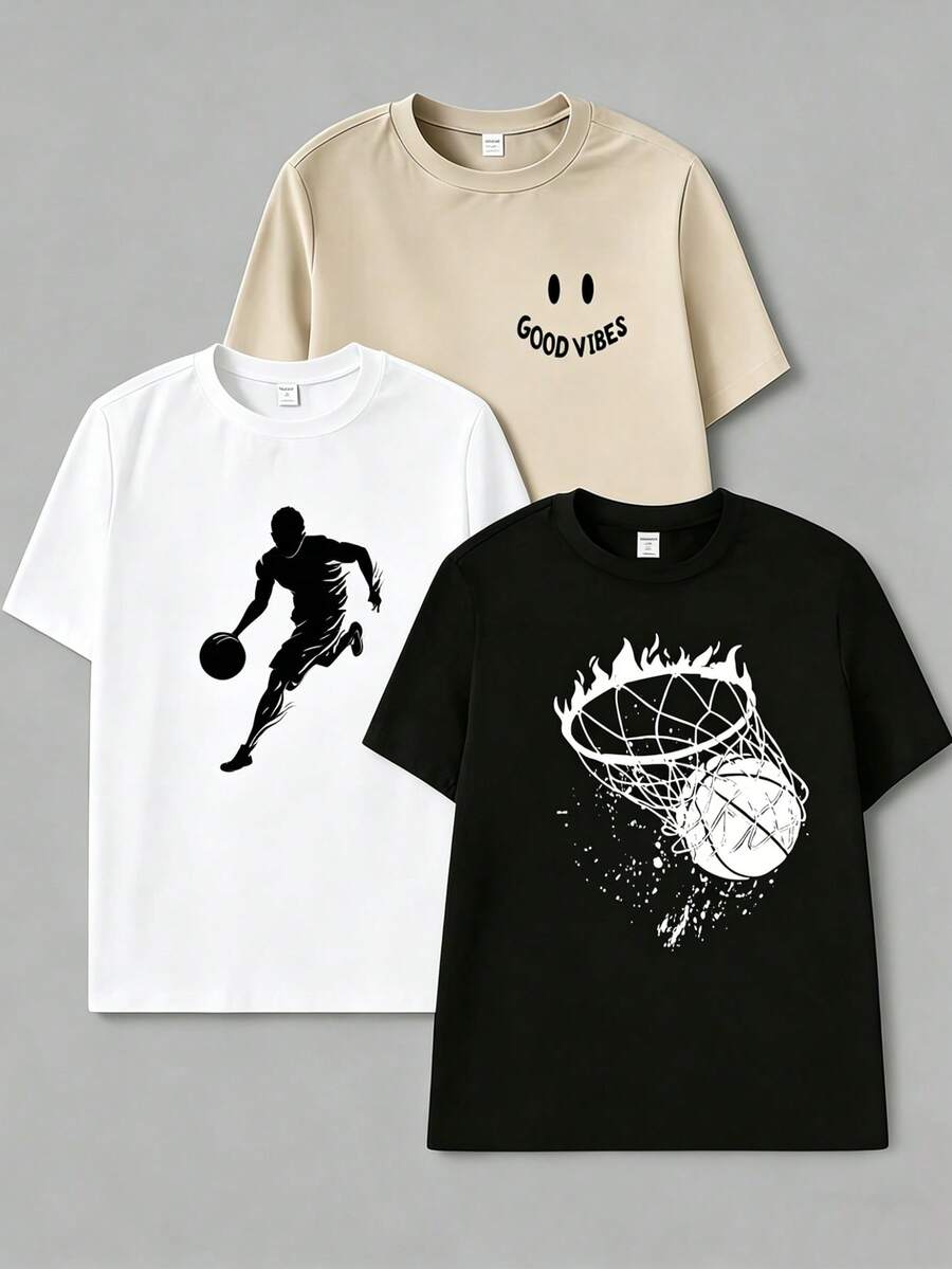 SHEIN Coolqubz Set de 3 camisetas de manga corta de cuello redondo minimalistas para adolescentes, para uso casual y deportivo en verano - Blanco - Ver 1