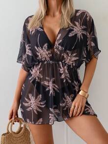 EMERY ROSE Women's Summer Fashion Resort Beach Tropical Palm Tree Print Sheer Cover-Up - Multicolor - View 4