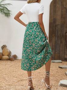 SHEIN Holidaya Women's Floral Patchwork Short Sleeve Midi Dress, Summer Maxi Women Outfit - Green - View 2
